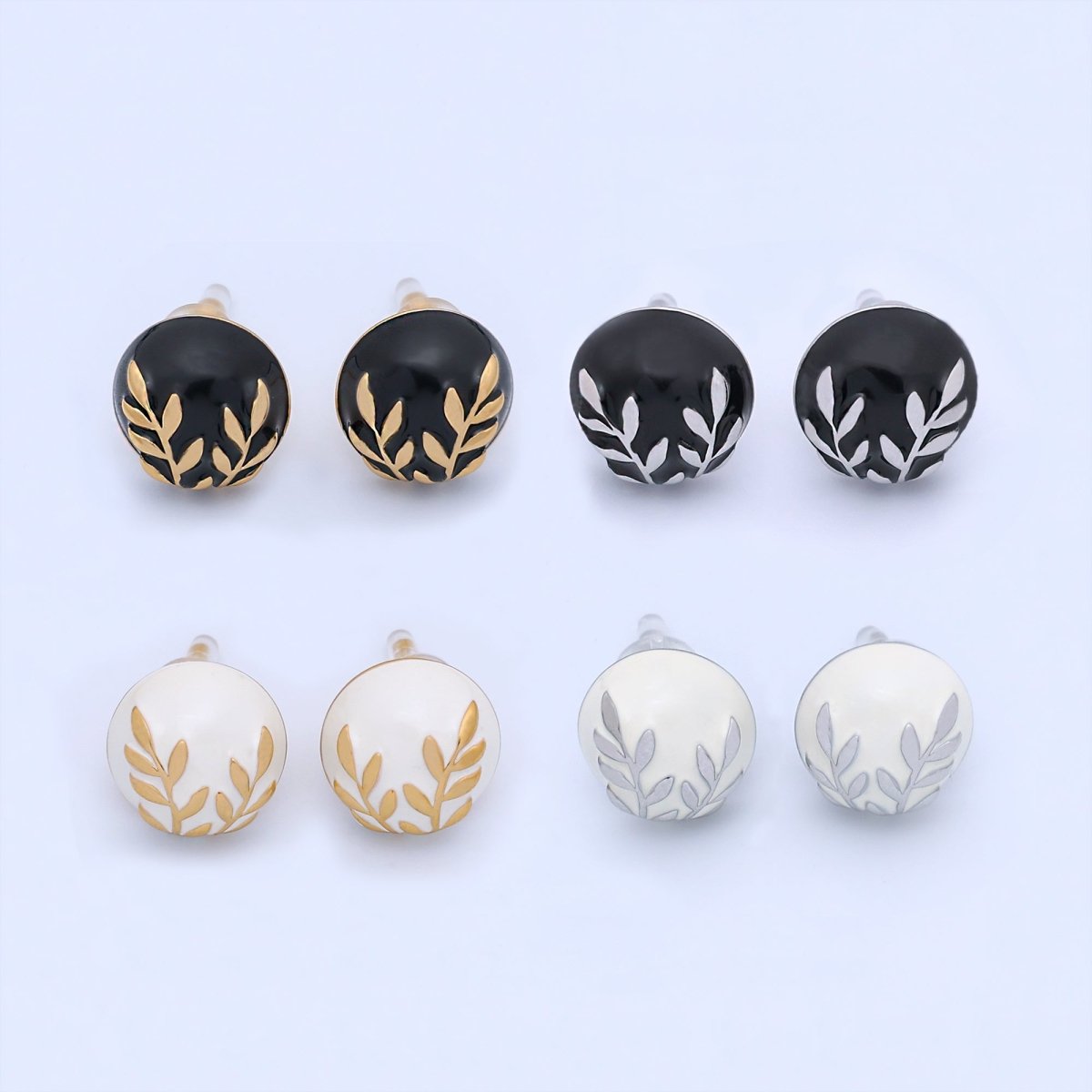 24K Gold Plated Black, White Leaf Round Stud Earrings in Gold & Silver | AB1044 AB1051 AB1058 AB1073 - DLUXCA