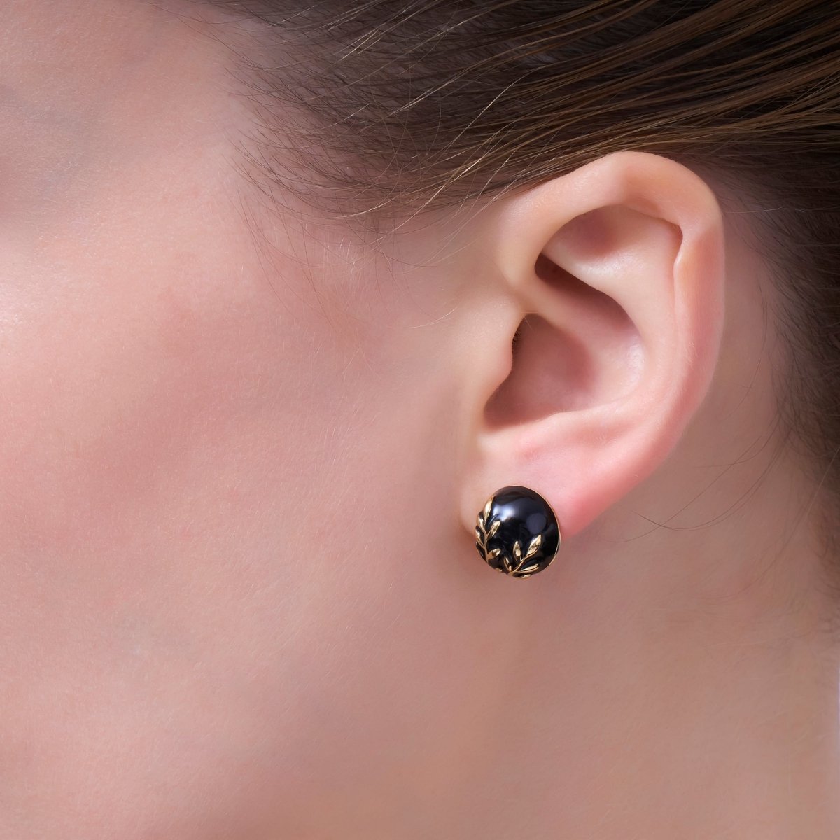 24K Gold Plated Black, White Leaf Round Stud Earrings in Gold & Silver | AB1044 AB1051 AB1058 AB1073 - DLUXCA