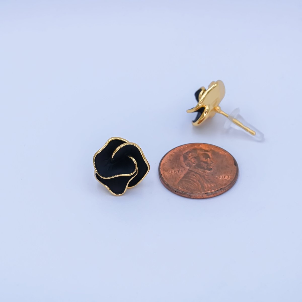 24K Gold Plated Black, White Rose Flower Stud Earrings in Gold & Silver | AB242 AB243 - DLUXCA