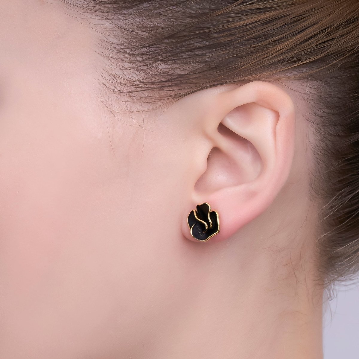 24K Gold Plated Black, White Rose Flower Stud Earrings in Gold & Silver | AB242 AB243 - DLUXCA