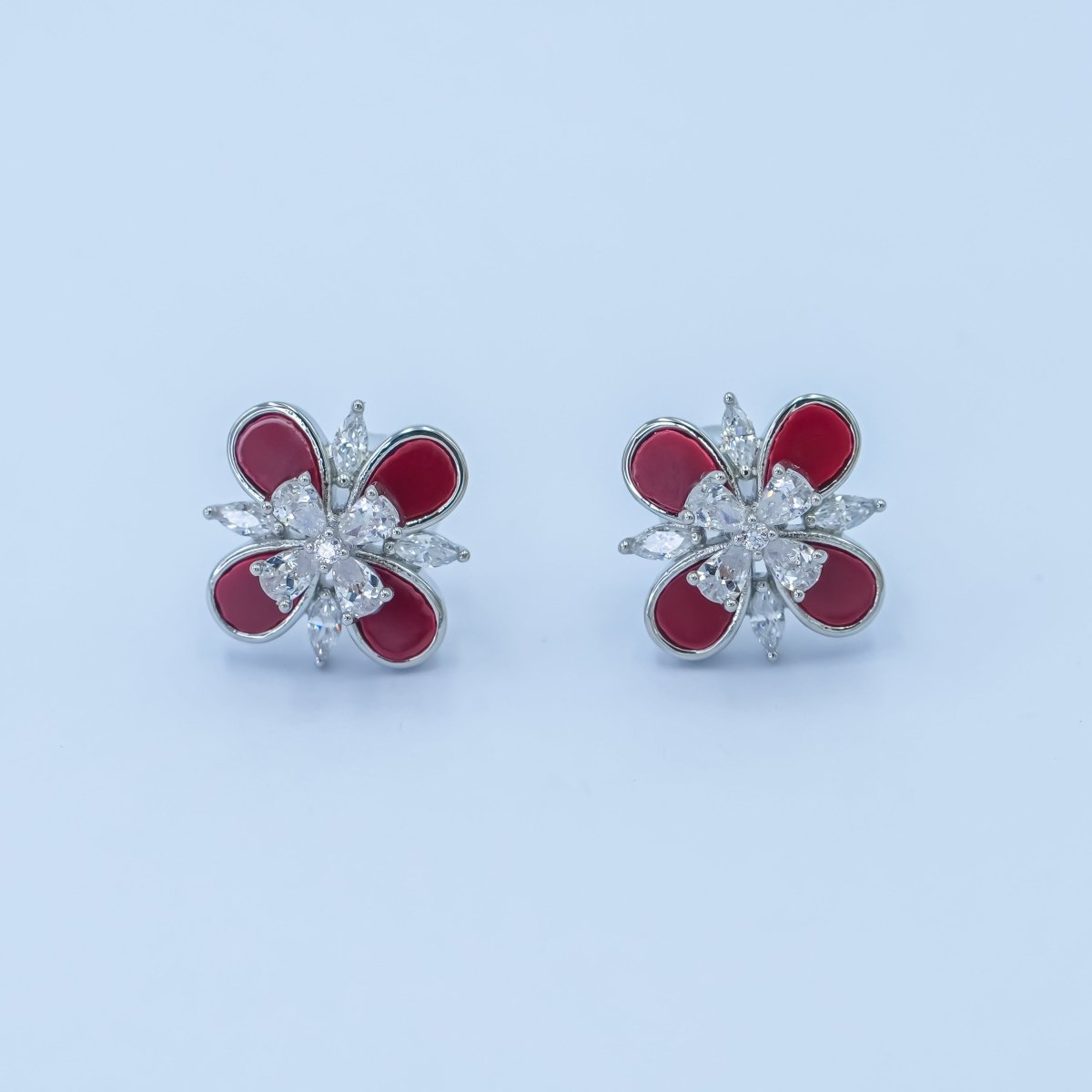 24K Gold Plated CZ Carnelian Red Flower Stud Earrings in Gold & Silver | AB177 AB178 - DLUXCA