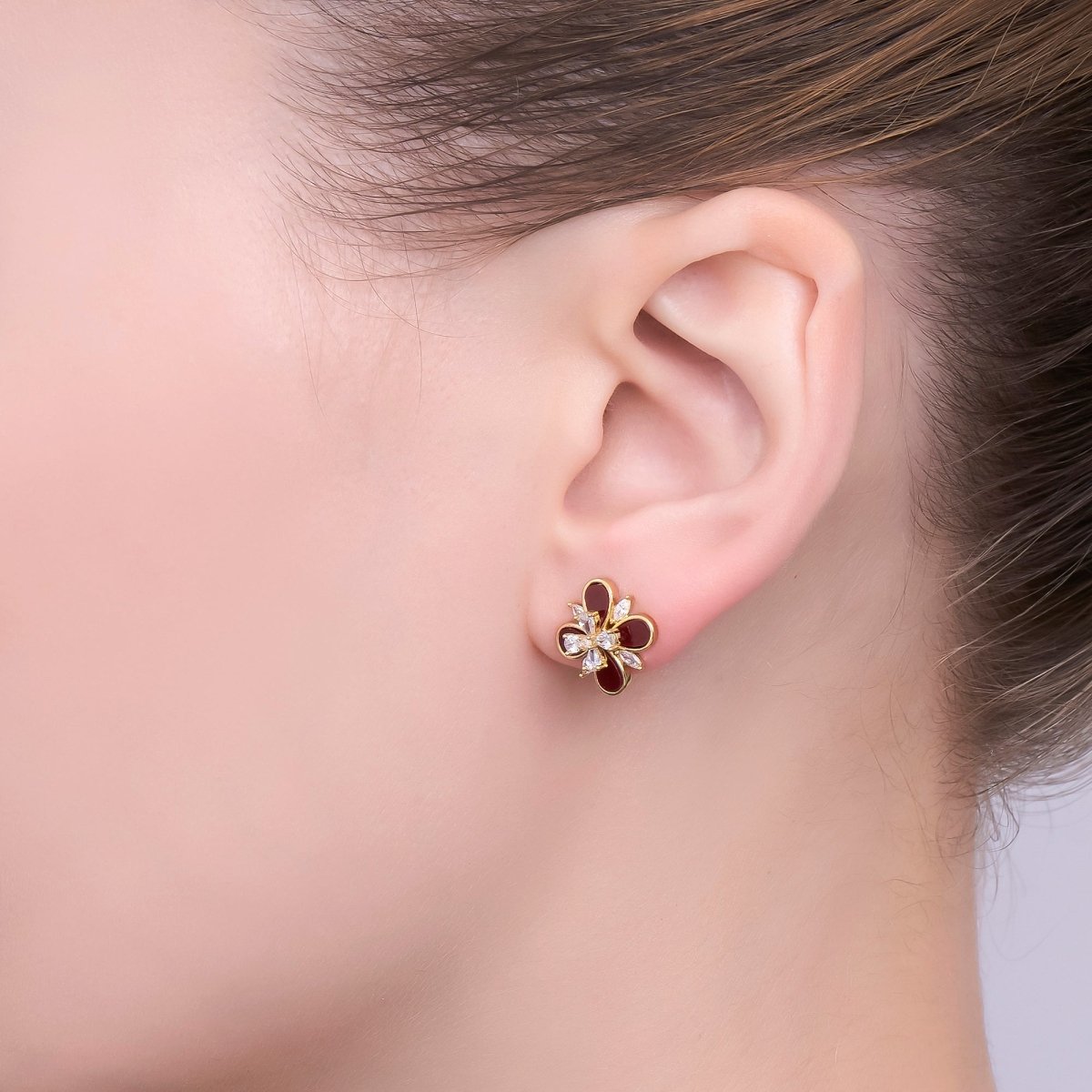 24K Gold Plated CZ Carnelian Red Flower Stud Earrings in Gold & Silver | AB177 AB178 - DLUXCA