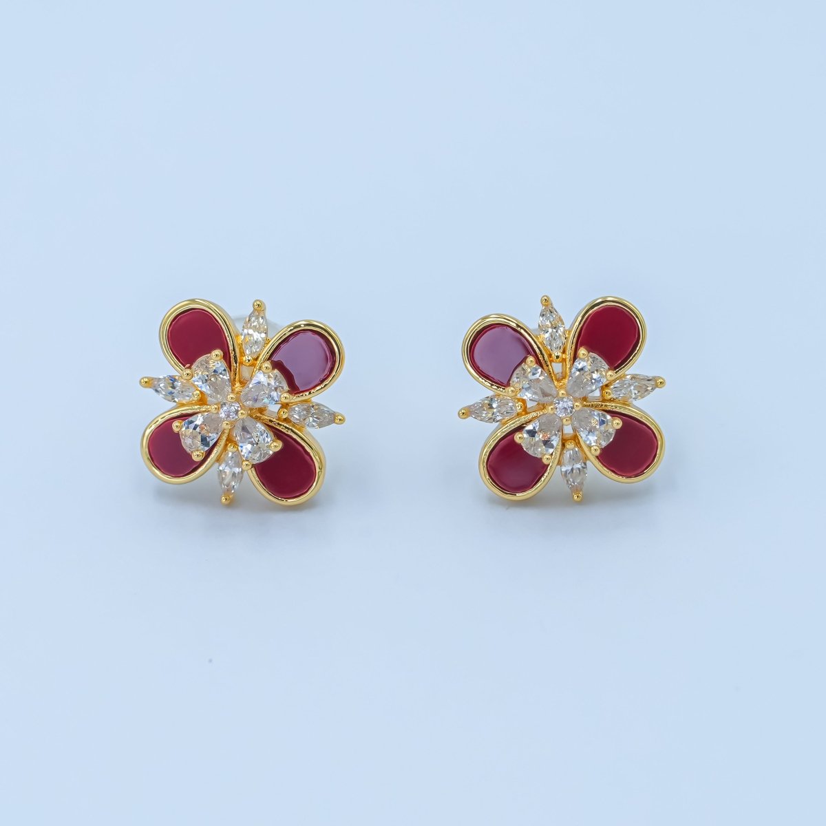 24K Gold Plated CZ Carnelian Red Flower Stud Earrings in Gold & Silver | AB177 AB178 - DLUXCA