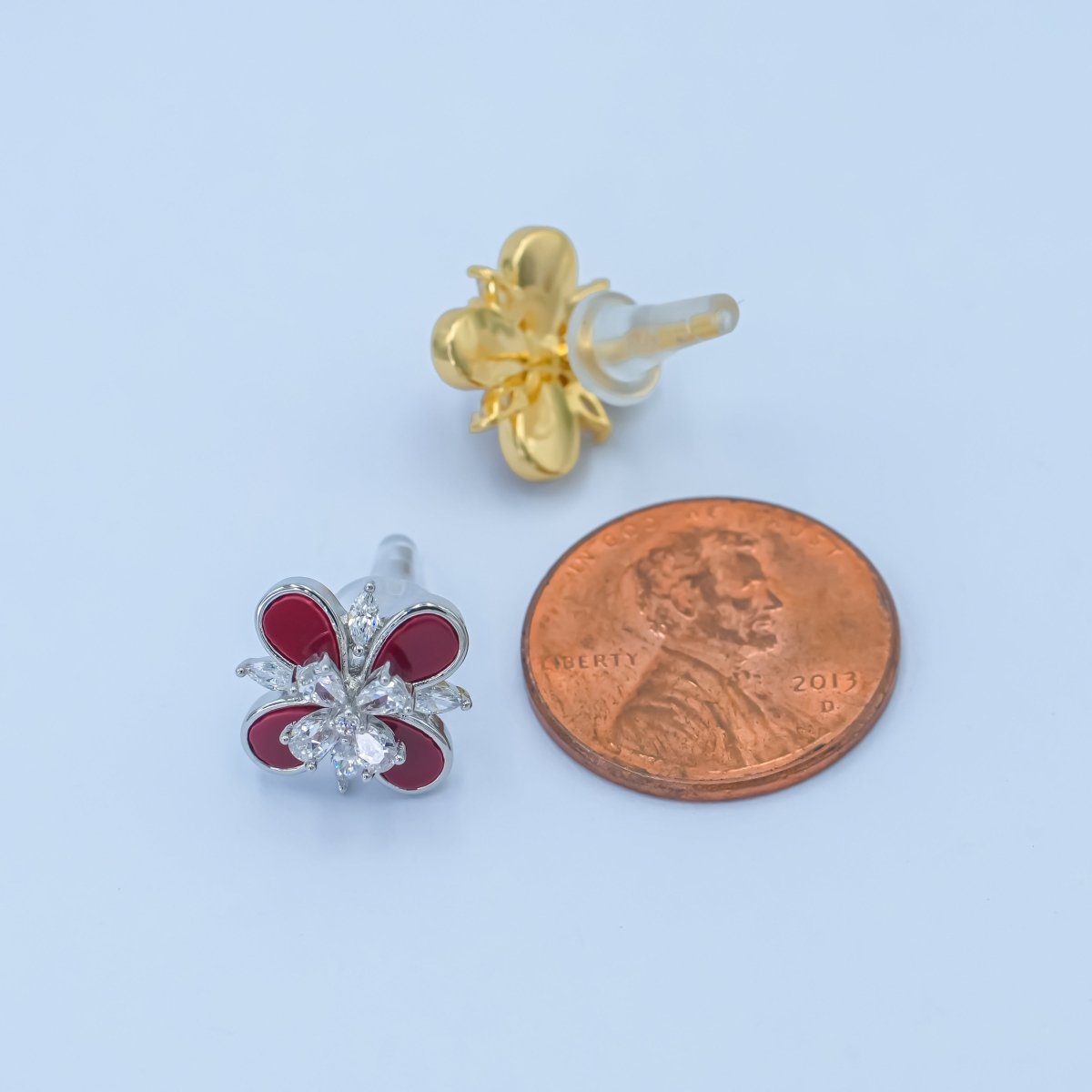24K Gold Plated CZ Carnelian Red Flower Stud Earrings in Gold & Silver | AB177 AB178 - DLUXCA