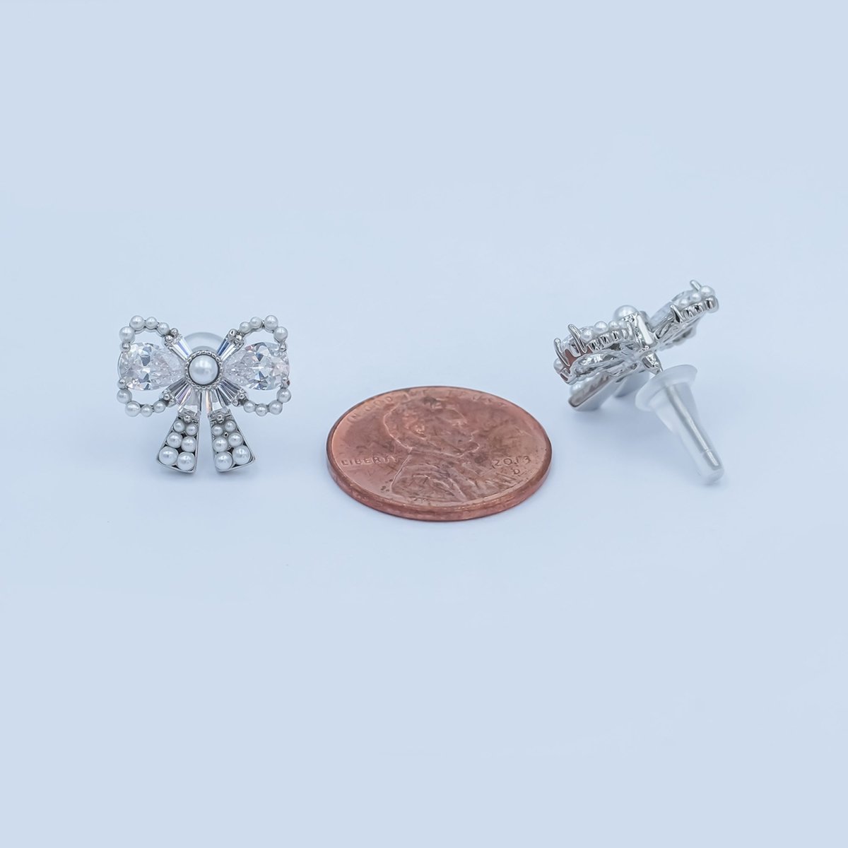 24K Gold Plated CZ Shell Pearl Ribbon Bow Stud Earrings in Gold & Silver | AB170 AB172 - DLUXCA