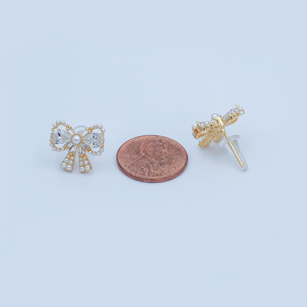24K Gold Plated CZ Shell Pearl Ribbon Bow Stud Earrings in Gold & Silver | AB170 AB172 - DLUXCA