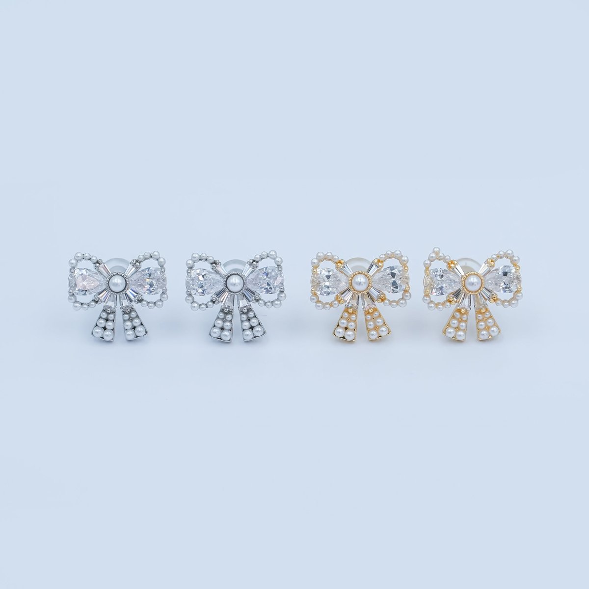24K Gold Plated CZ Shell Pearl Ribbon Bow Stud Earrings in Gold & Silver | AB170 AB172 - DLUXCA