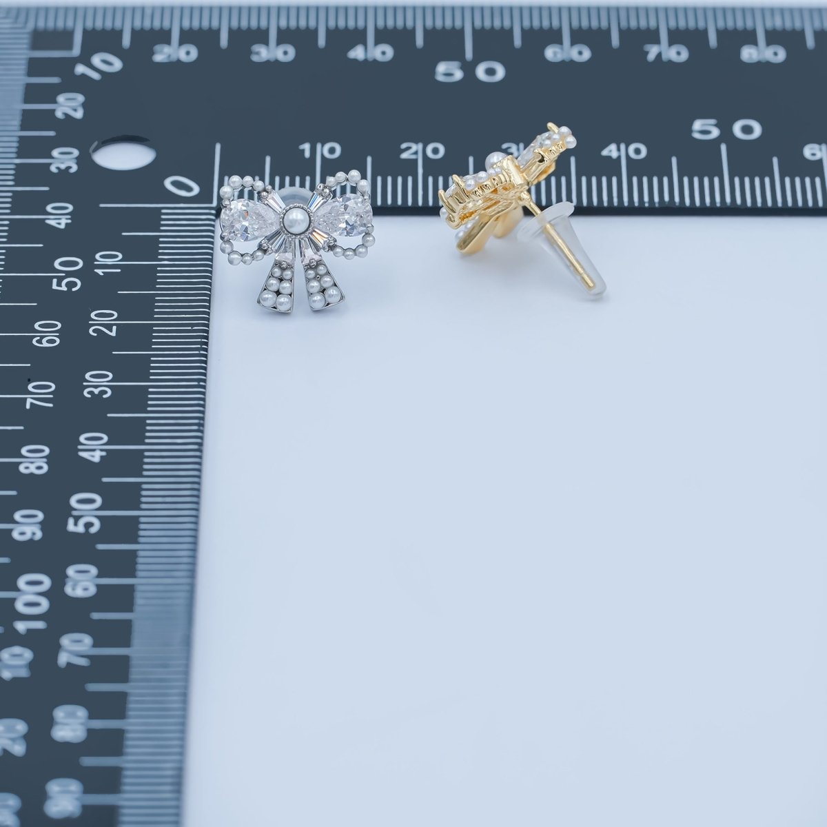 24K Gold Plated CZ Shell Pearl Ribbon Bow Stud Earrings in Gold & Silver | AB170 AB172 - DLUXCA