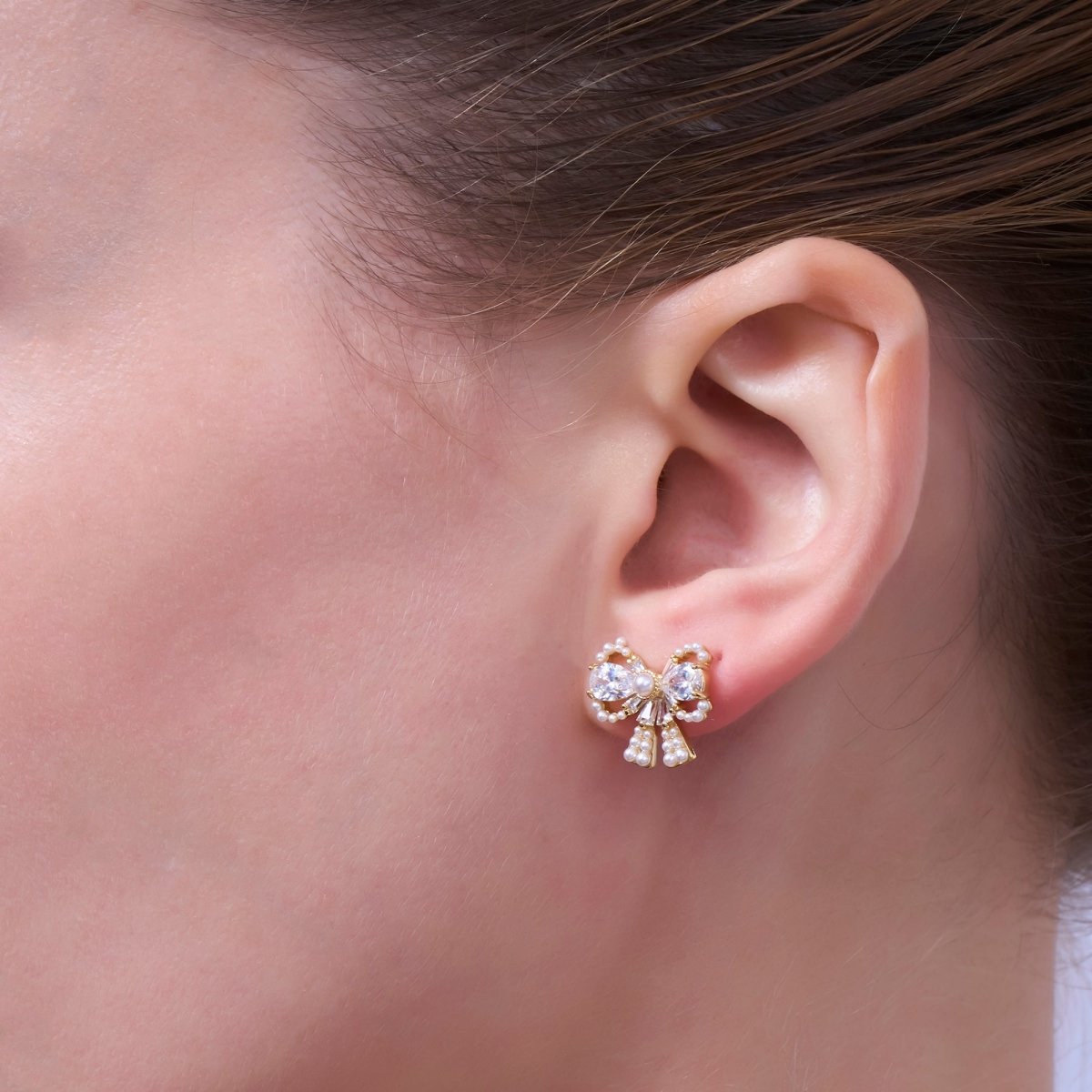 24K Gold Plated CZ Shell Pearl Ribbon Bow Stud Earrings in Gold & Silver | AB170 AB172 - DLUXCA