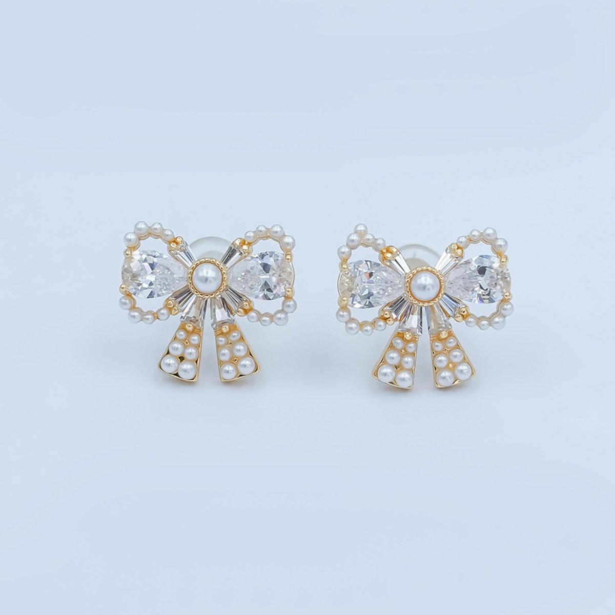 24K Gold Plated CZ Shell Pearl Ribbon Bow Stud Earrings in Gold & Silver | AB170 AB172 - DLUXCA