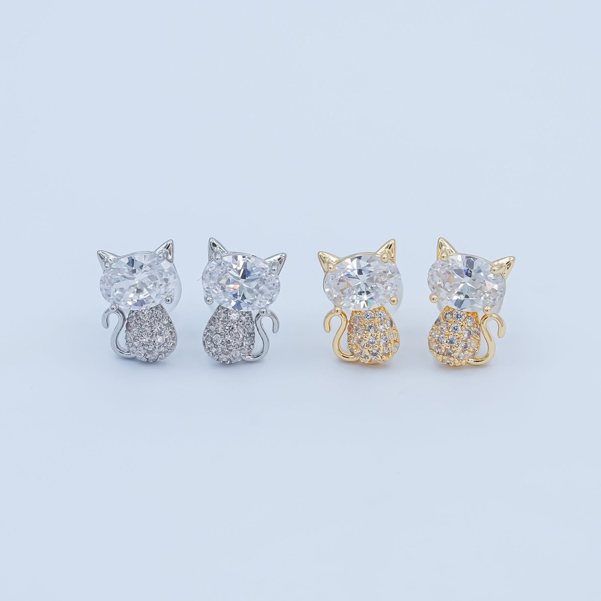 24K Gold Plated Micro Paved CZ Kitten Cat Stud Earrings Set in Gold & Silver | AB222 AB223 - DLUXCA