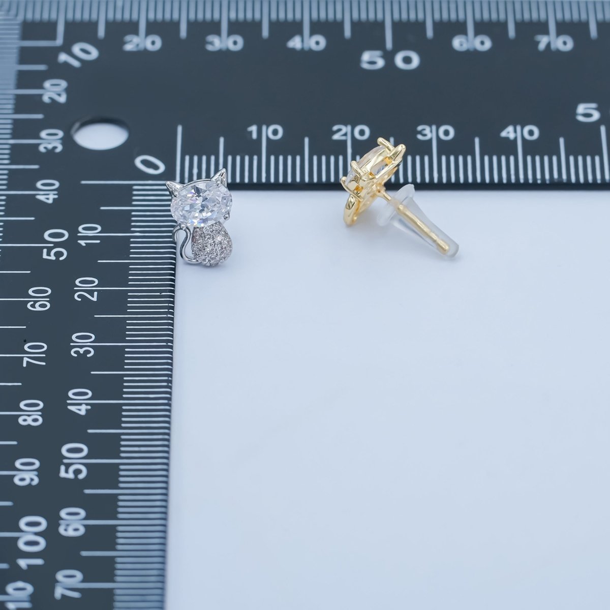 24K Gold Plated Micro Paved CZ Kitten Cat Stud Earrings Set in Gold & Silver | AB222 AB223 - DLUXCA