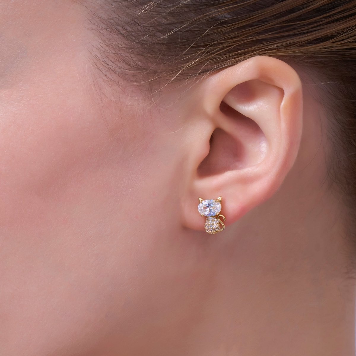 24K Gold Plated Micro Paved CZ Kitten Cat Stud Earrings Set in Gold & Silver | AB222 AB223 - DLUXCA