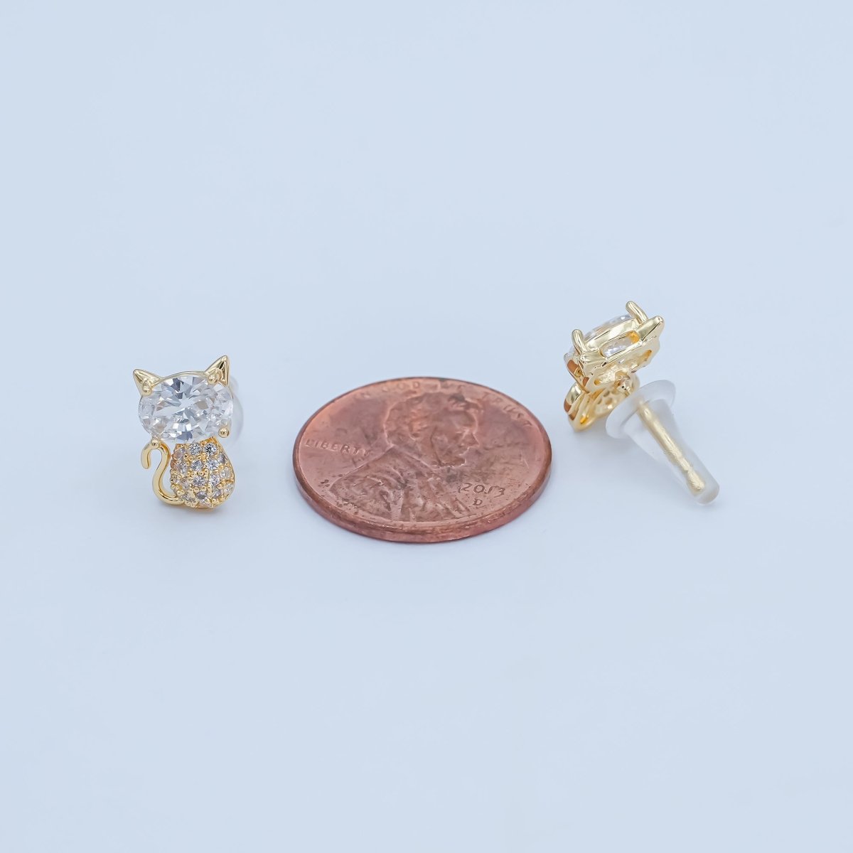 24K Gold Plated Micro Paved CZ Kitten Cat Stud Earrings Set in Gold & Silver | AB222 AB223 - DLUXCA