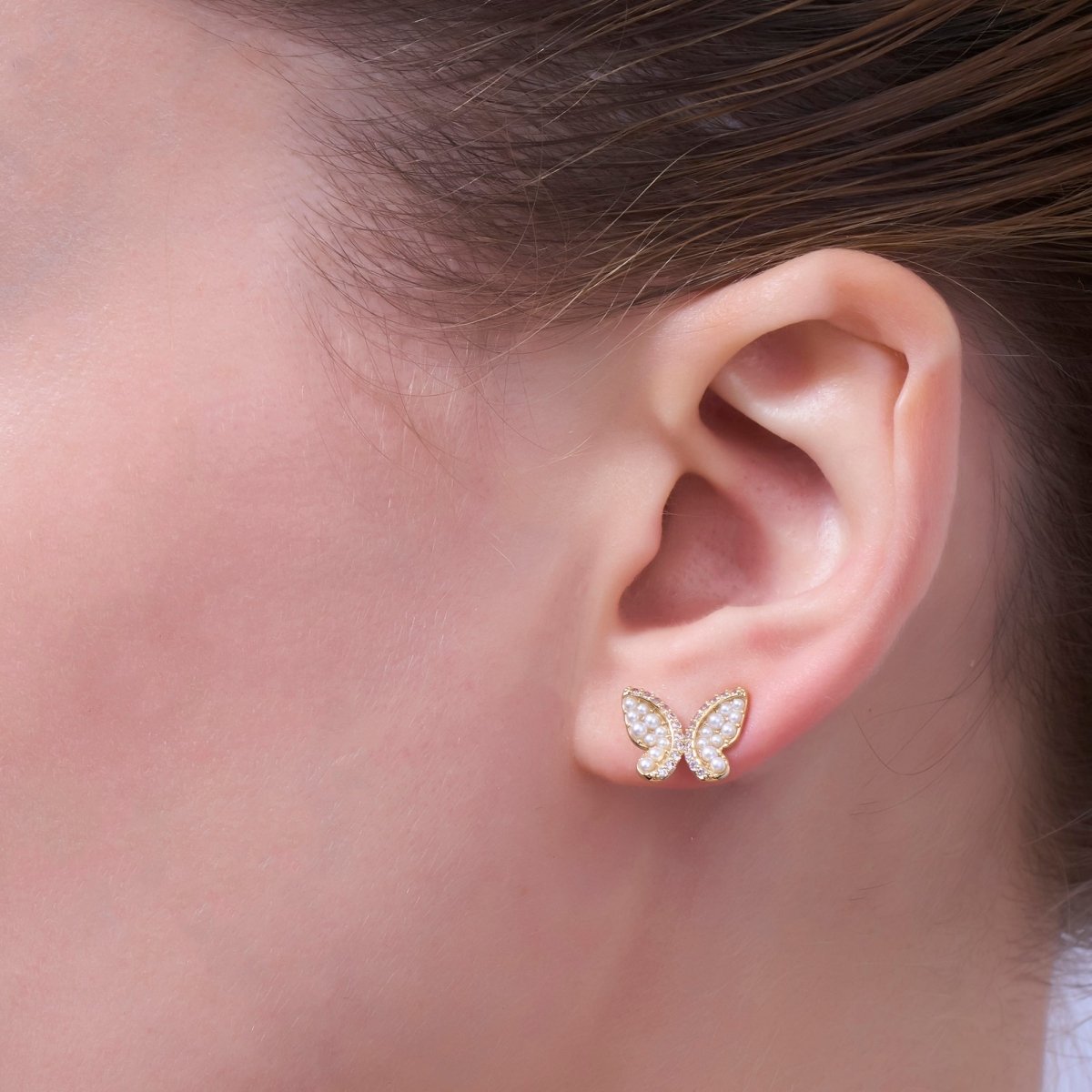 24K Gold Plated Micro Paved CZ Shell Pearl Butterfly Stud Earrings Set in Gold & Silver | AB263 AB264 - DLUXCA