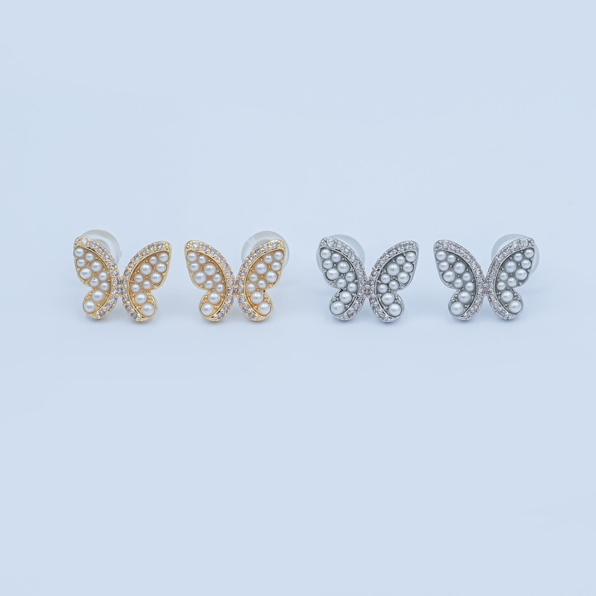 24K Gold Plated Micro Paved CZ Shell Pearl Butterfly Stud Earrings Set in Gold & Silver | AB263 AB264 - DLUXCA