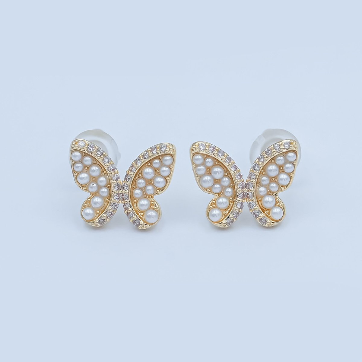 24K Gold Plated Micro Paved CZ Shell Pearl Butterfly Stud Earrings Set in Gold & Silver | AB263 AB264 - DLUXCA