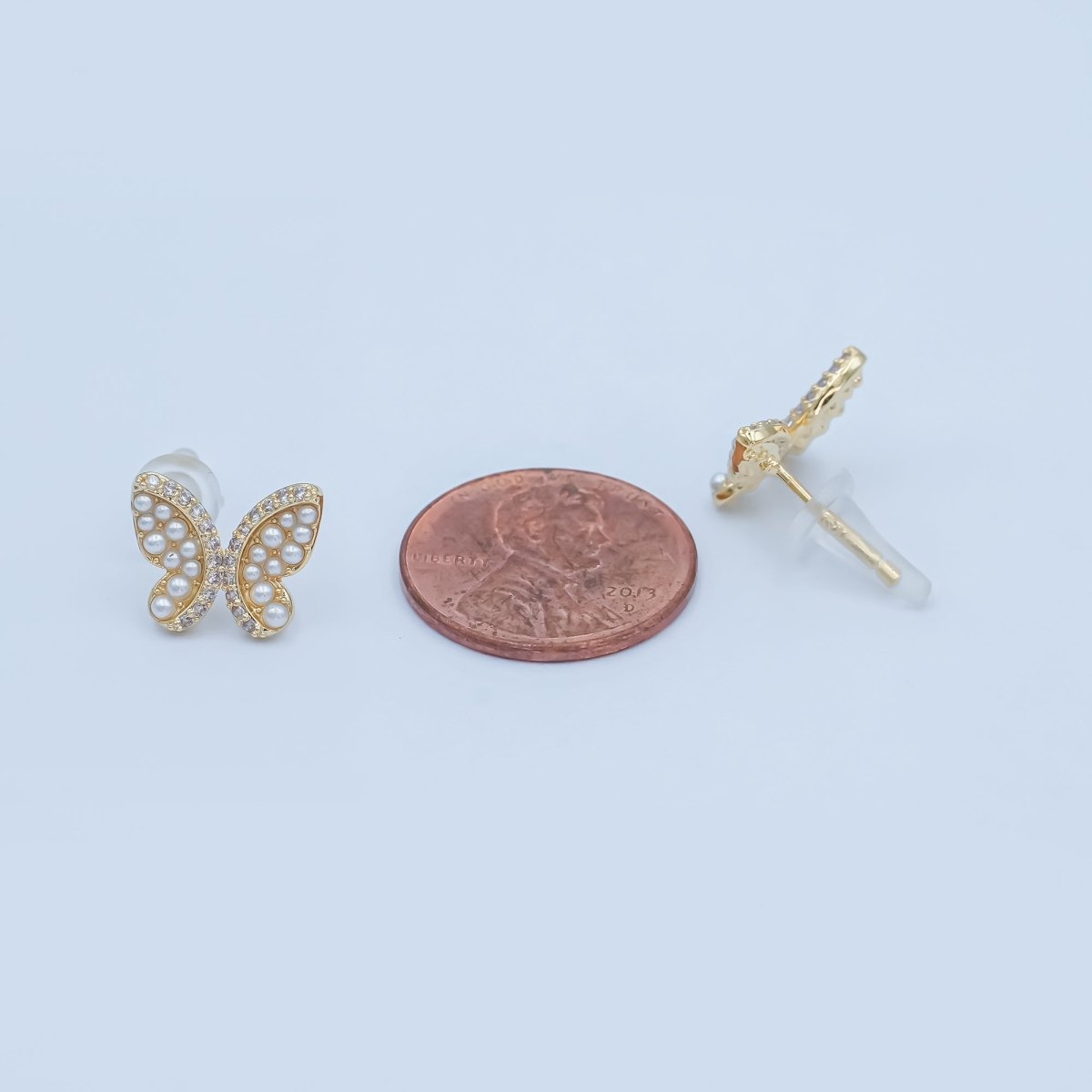 24K Gold Plated Micro Paved CZ Shell Pearl Butterfly Stud Earrings Set in Gold & Silver | AB263 AB264 - DLUXCA