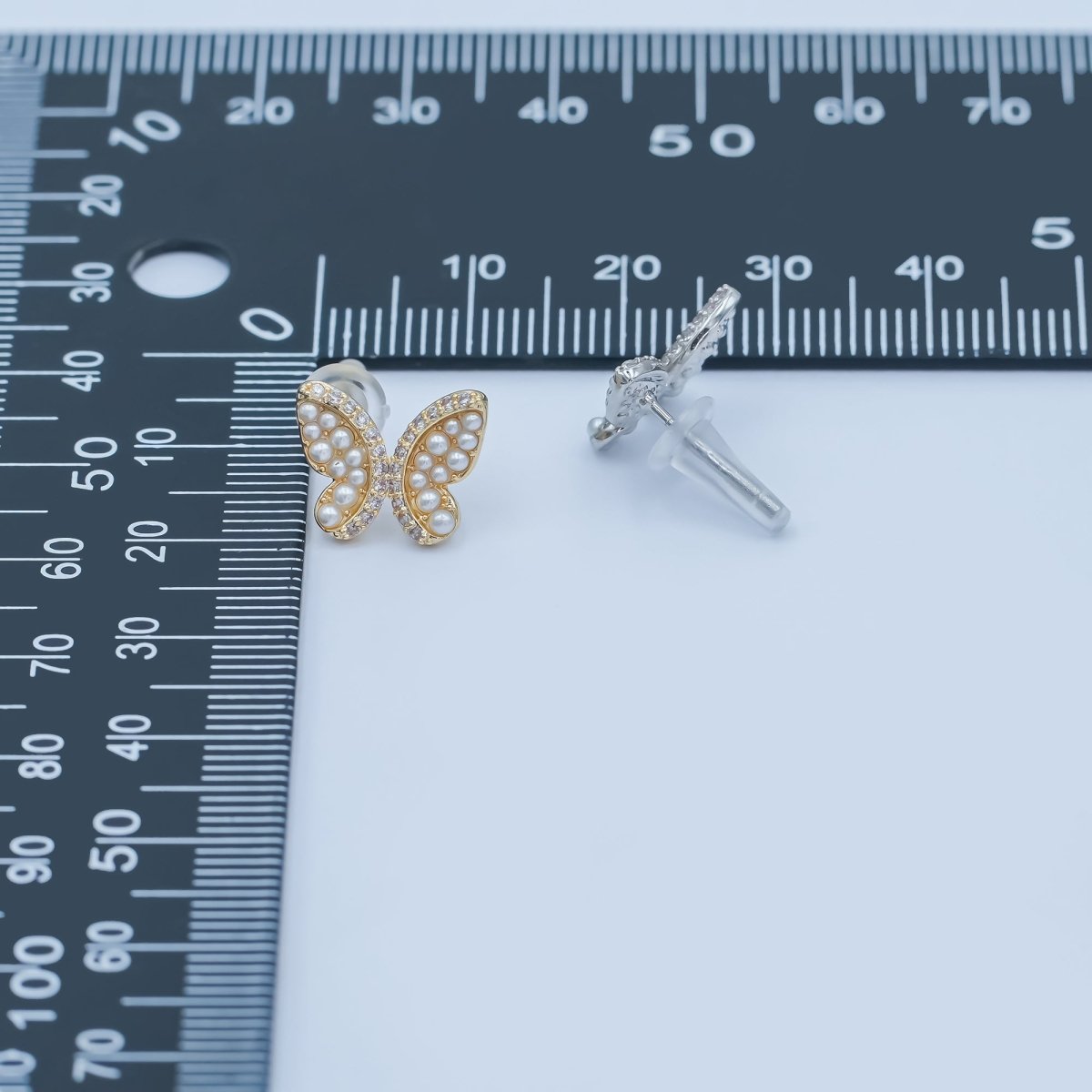 24K Gold Plated Micro Paved CZ Shell Pearl Butterfly Stud Earrings Set in Gold & Silver | AB263 AB264 - DLUXCA