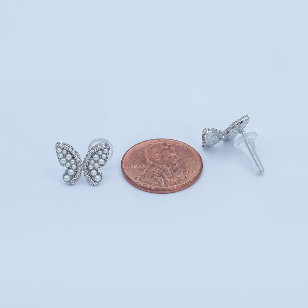 24K Gold Plated Micro Paved CZ Shell Pearl Butterfly Stud Earrings Set in Gold & Silver | AB263 AB264 - DLUXCA