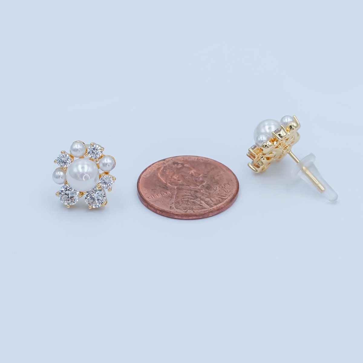 24K Gold Plated Shell Pearl CZ Cluster Flower Stud Earrings in Gold & Silver | AB265 AB288 - DLUXCA
