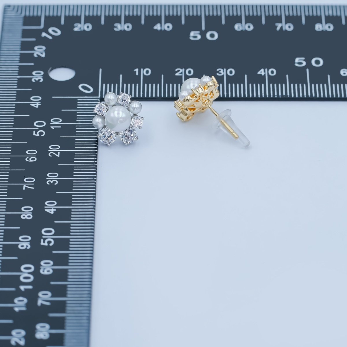 24K Gold Plated Shell Pearl CZ Cluster Flower Stud Earrings in Gold & Silver | AB265 AB288 - DLUXCA