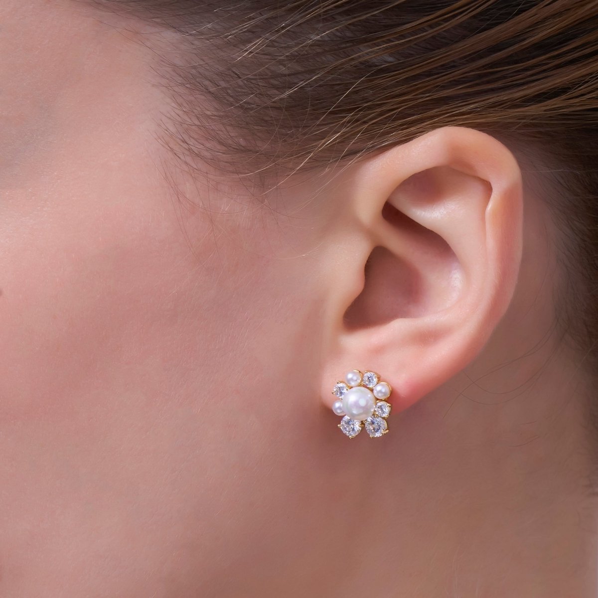24K Gold Plated Shell Pearl CZ Cluster Flower Stud Earrings in Gold & Silver | AB265 AB288 - DLUXCA