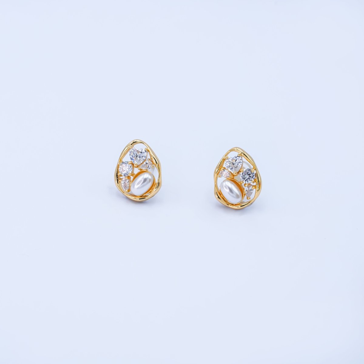 24K Gold Plated Shell Pearl CZ Cluster Teardrop Stud Earrings in Gold & Silver | AB188 AB189 - DLUXCA