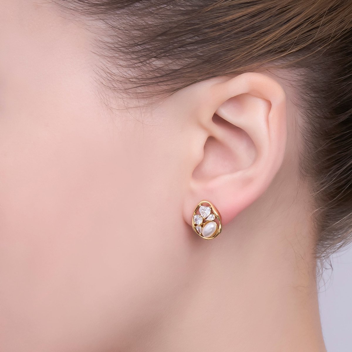 24K Gold Plated Shell Pearl CZ Cluster Teardrop Stud Earrings in Gold & Silver | AB188 AB189 - DLUXCA