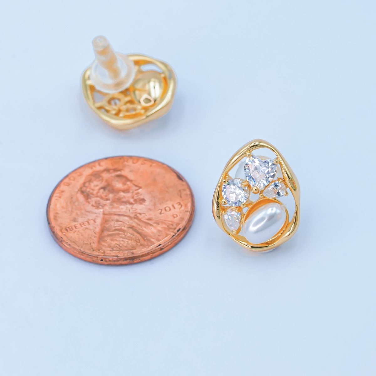 24K Gold Plated Shell Pearl CZ Cluster Teardrop Stud Earrings in Gold & Silver | AB188 AB189 - DLUXCA