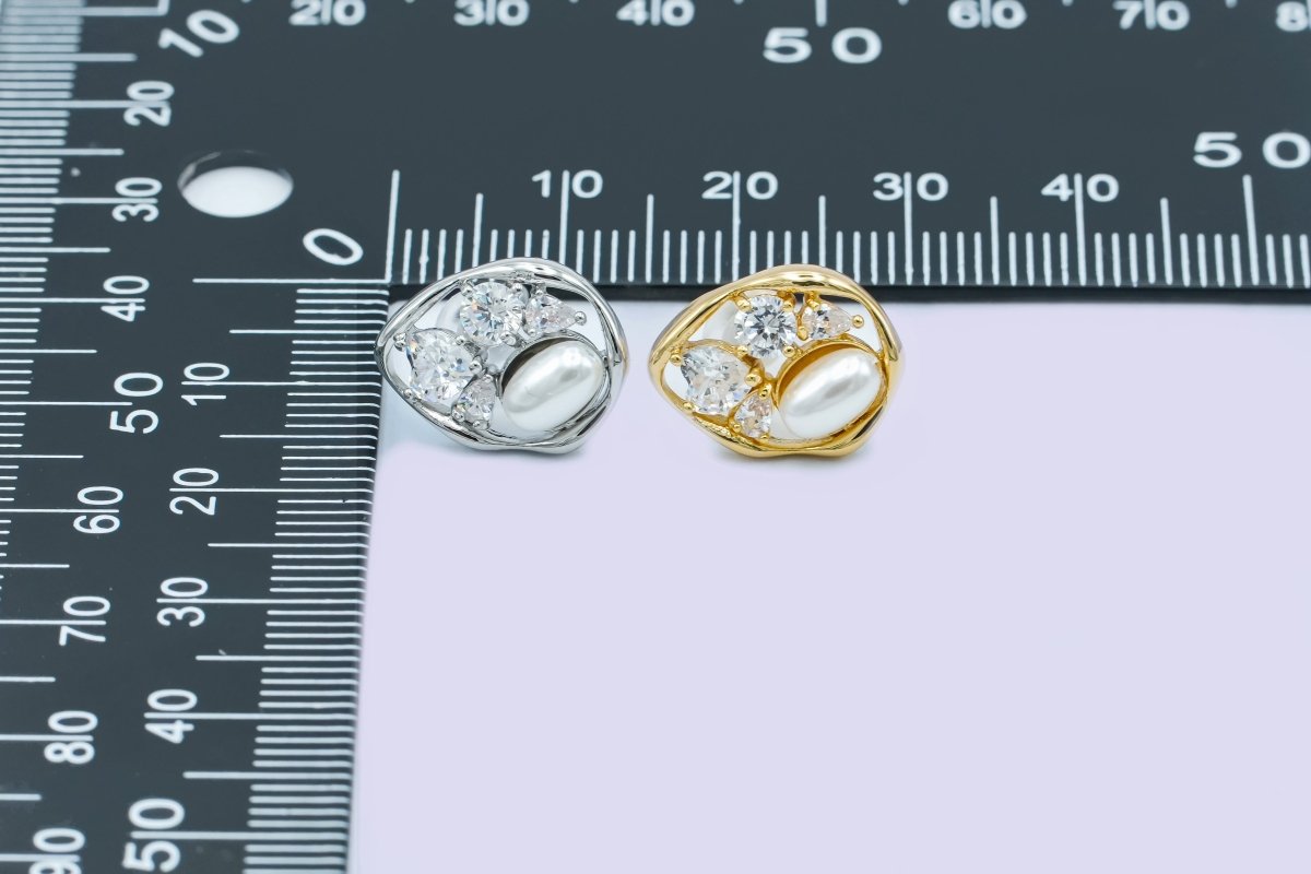 24K Gold Plated Shell Pearl CZ Cluster Teardrop Stud Earrings in Gold & Silver | AB188 AB189 - DLUXCA