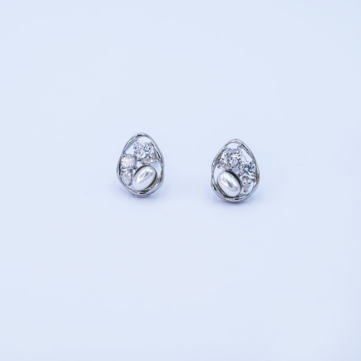 24K Gold Plated Shell Pearl CZ Cluster Teardrop Stud Earrings in Gold & Silver | AB188 AB189 - DLUXCA