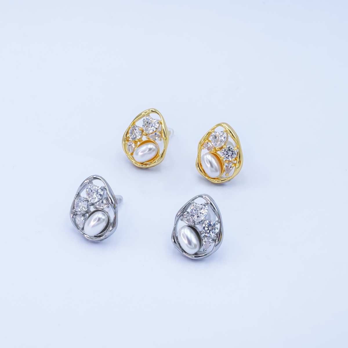 24K Gold Plated Shell Pearl CZ Cluster Teardrop Stud Earrings in Gold & Silver | AB188 AB189 - DLUXCA
