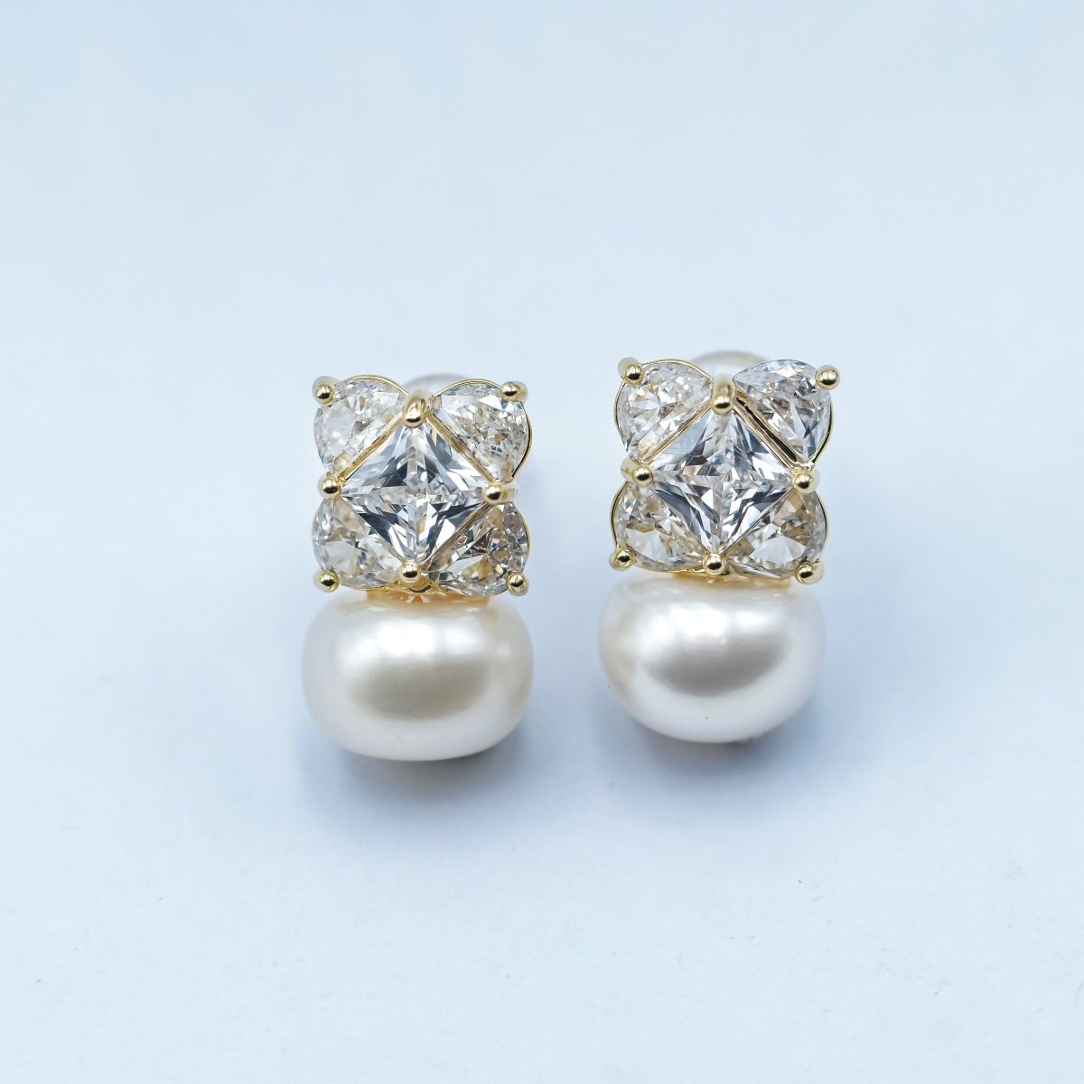 24K Gold Plated Shell Pearl CZ Geometric Stud Earrings in Gold & Silver | AB255 AB256 - DLUXCA