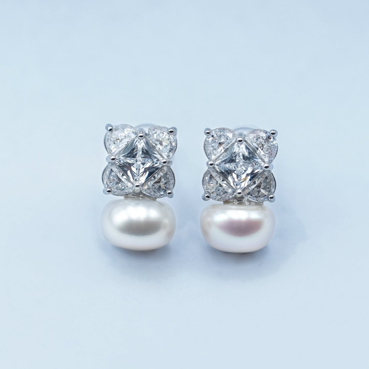 24K Gold Plated Shell Pearl CZ Geometric Stud Earrings in Gold & Silver | AB255 AB256 - DLUXCA