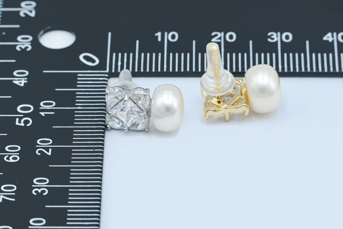 24K Gold Plated Shell Pearl CZ Geometric Stud Earrings in Gold & Silver | AB255 AB256 - DLUXCA