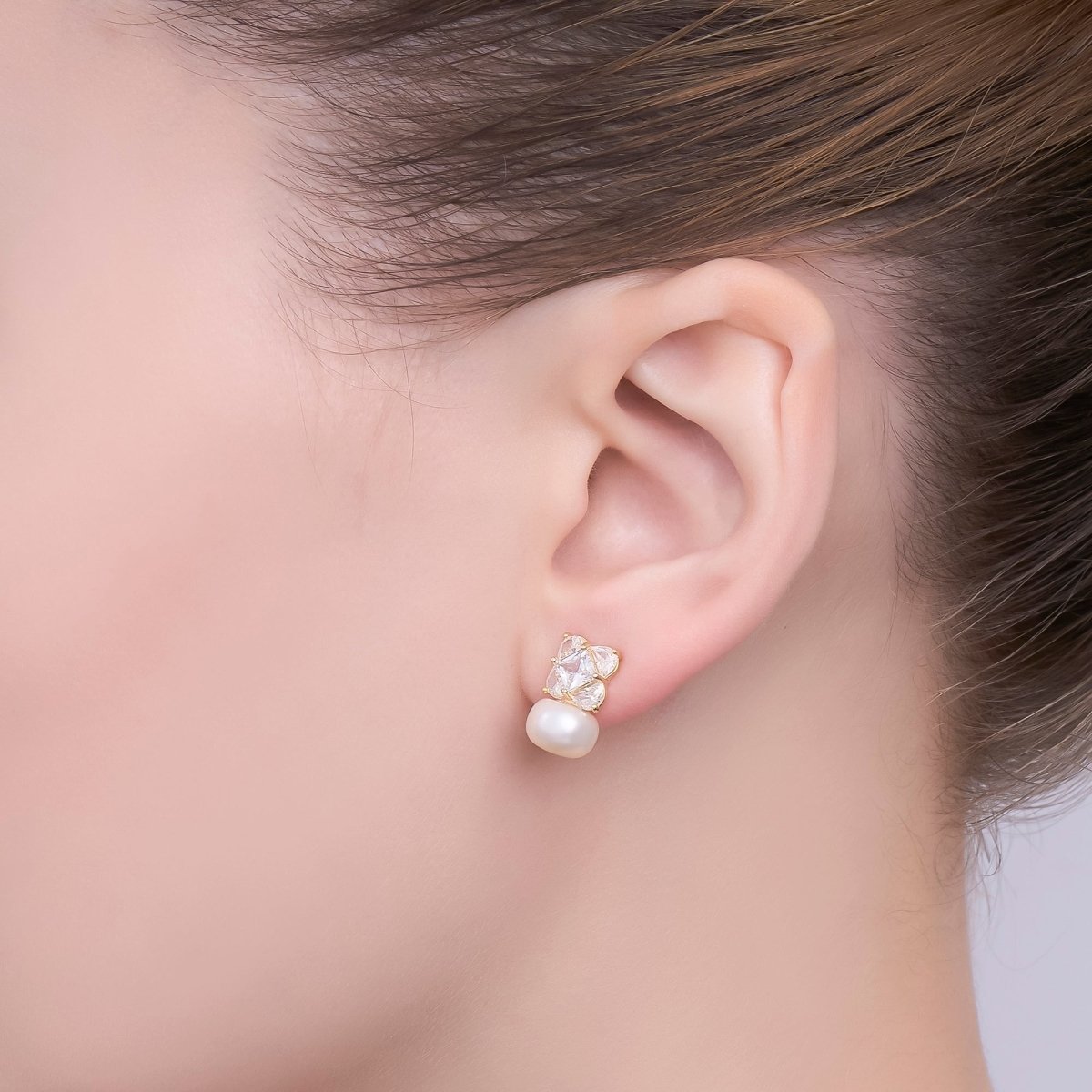 24K Gold Plated Shell Pearl CZ Geometric Stud Earrings in Gold & Silver | AB255 AB256 - DLUXCA