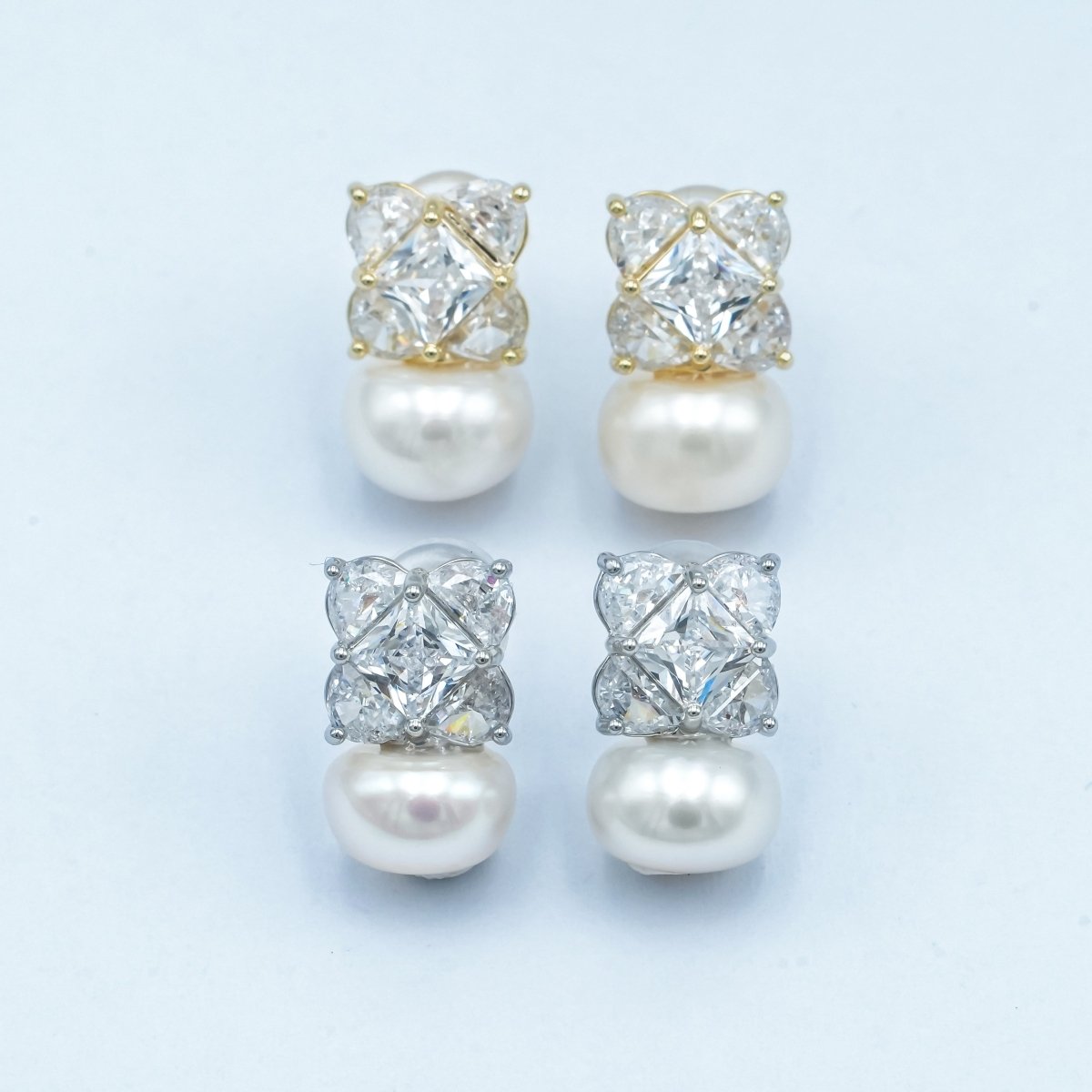 24K Gold Plated Shell Pearl CZ Geometric Stud Earrings in Gold & Silver | AB255 AB256 - DLUXCA