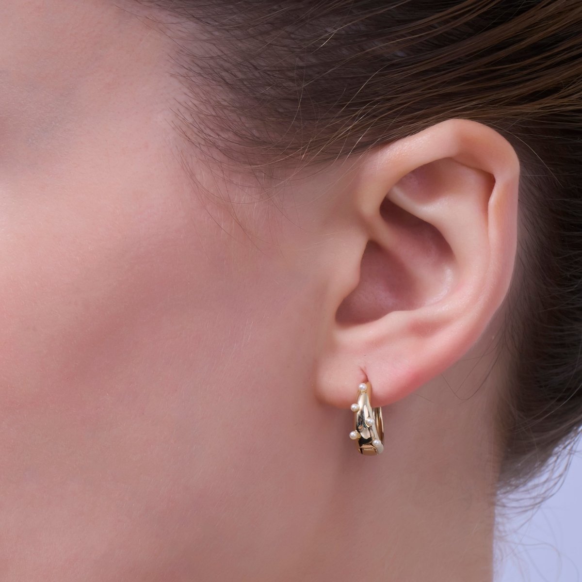 24K Gold Plated Shell Pearl Dotted Huggie Earrings in Gold & Silver | AE423 AE628 - DLUXCA