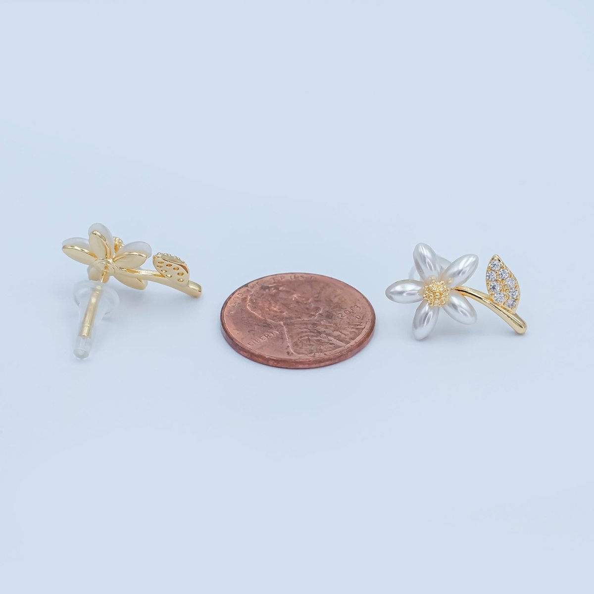24K Gold Plated Shell Pearl Micro Paved CZ Flower Stud Earrings in Gold & Silver | AB201 AB202 - DLUXCA