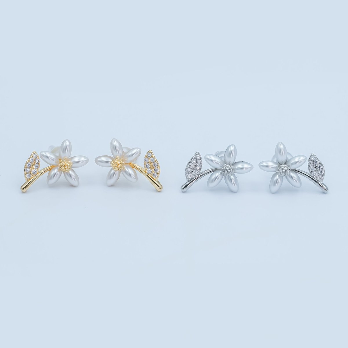 24K Gold Plated Shell Pearl Micro Paved CZ Flower Stud Earrings in Gold & Silver | AB201 AB202 - DLUXCA