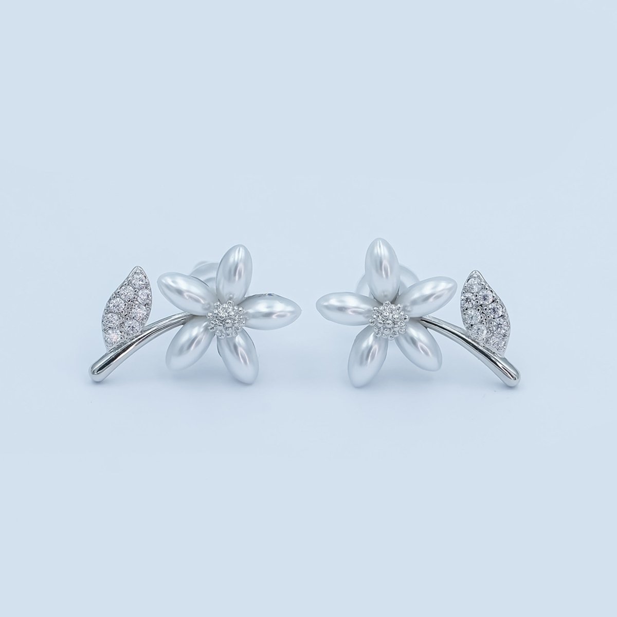 24K Gold Plated Shell Pearl Micro Paved CZ Flower Stud Earrings in Gold & Silver | AB201 AB202 - DLUXCA