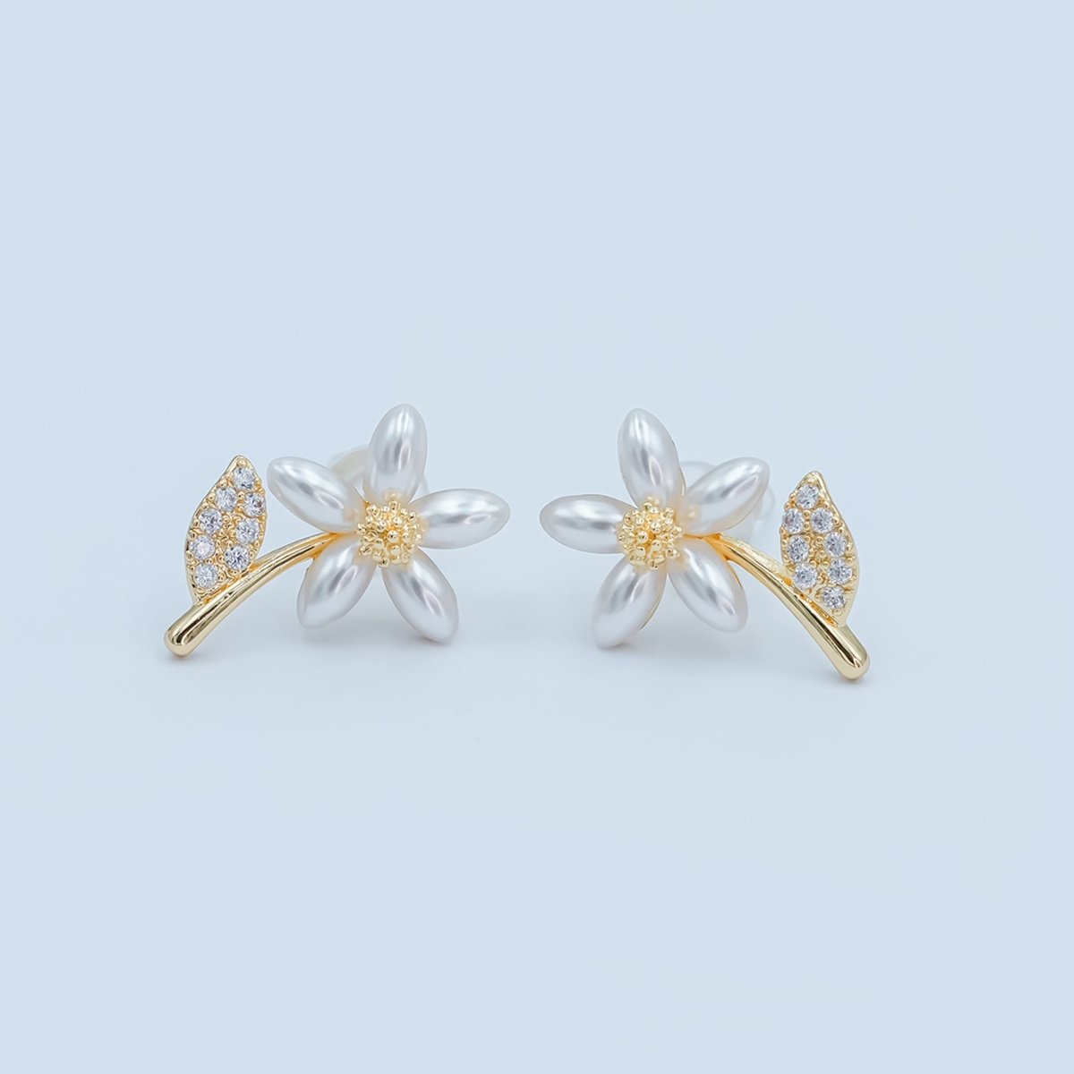 24K Gold Plated Shell Pearl Micro Paved CZ Flower Stud Earrings in Gold & Silver | AB201 AB202 - DLUXCA