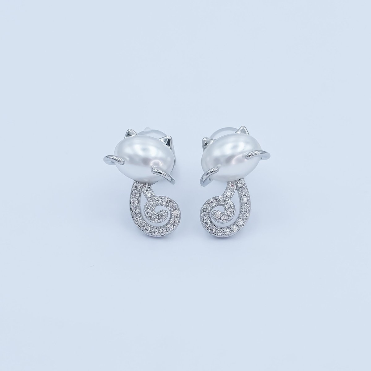 24K Gold Plated Shell Pearl Micro Paved CZ Kitten Cat Stud Earrings in Gold & Silver | AB1085 AB1090 - DLUXCA