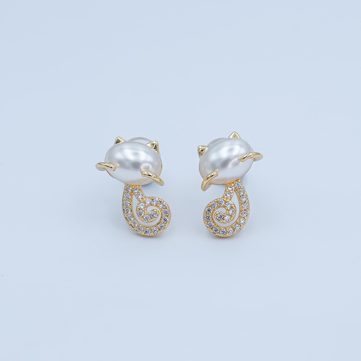 24K Gold Plated Shell Pearl Micro Paved CZ Kitten Cat Stud Earrings in Gold & Silver | AB1085 AB1090 - DLUXCA