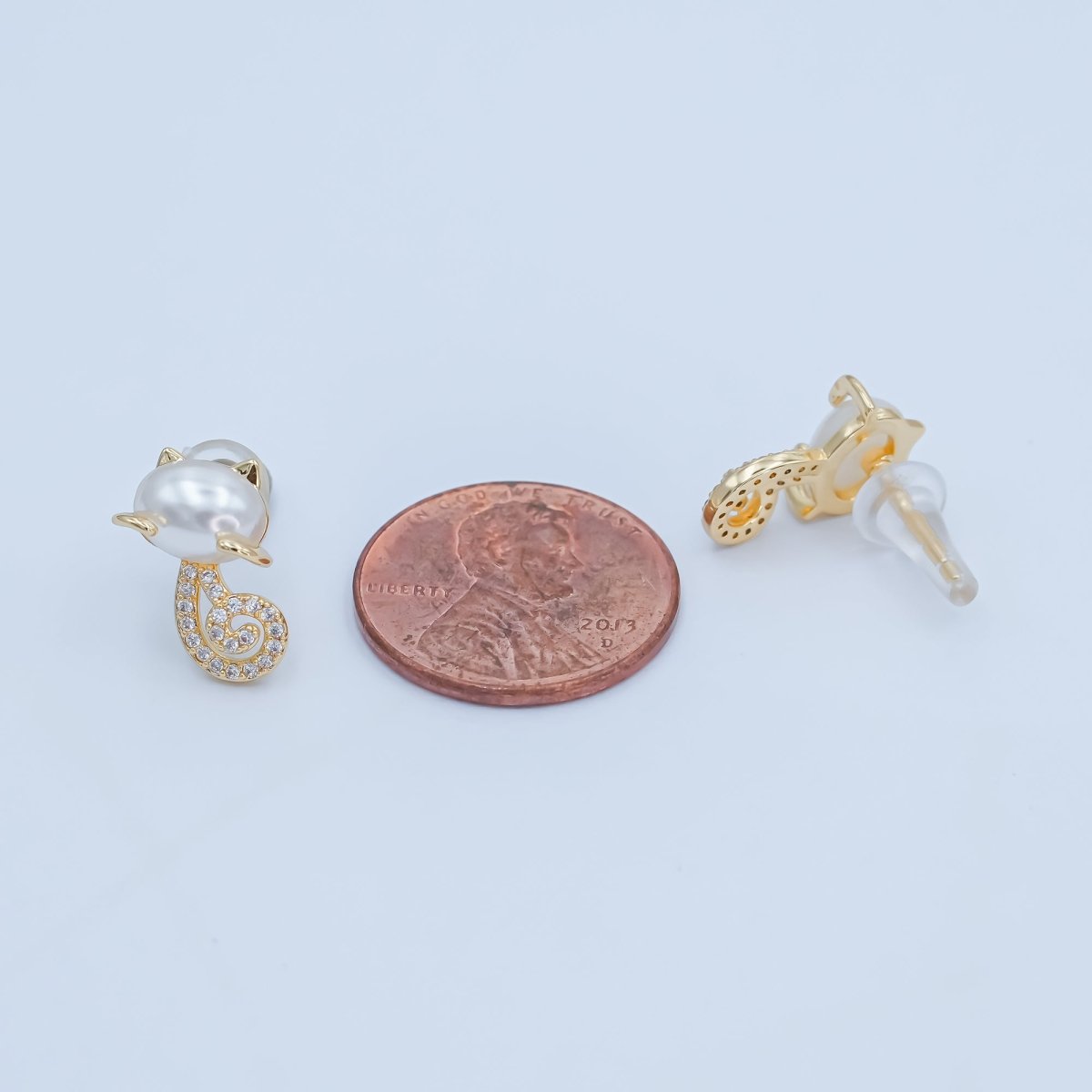 24K Gold Plated Shell Pearl Micro Paved CZ Kitten Cat Stud Earrings in Gold & Silver | AB1085 AB1090 - DLUXCA