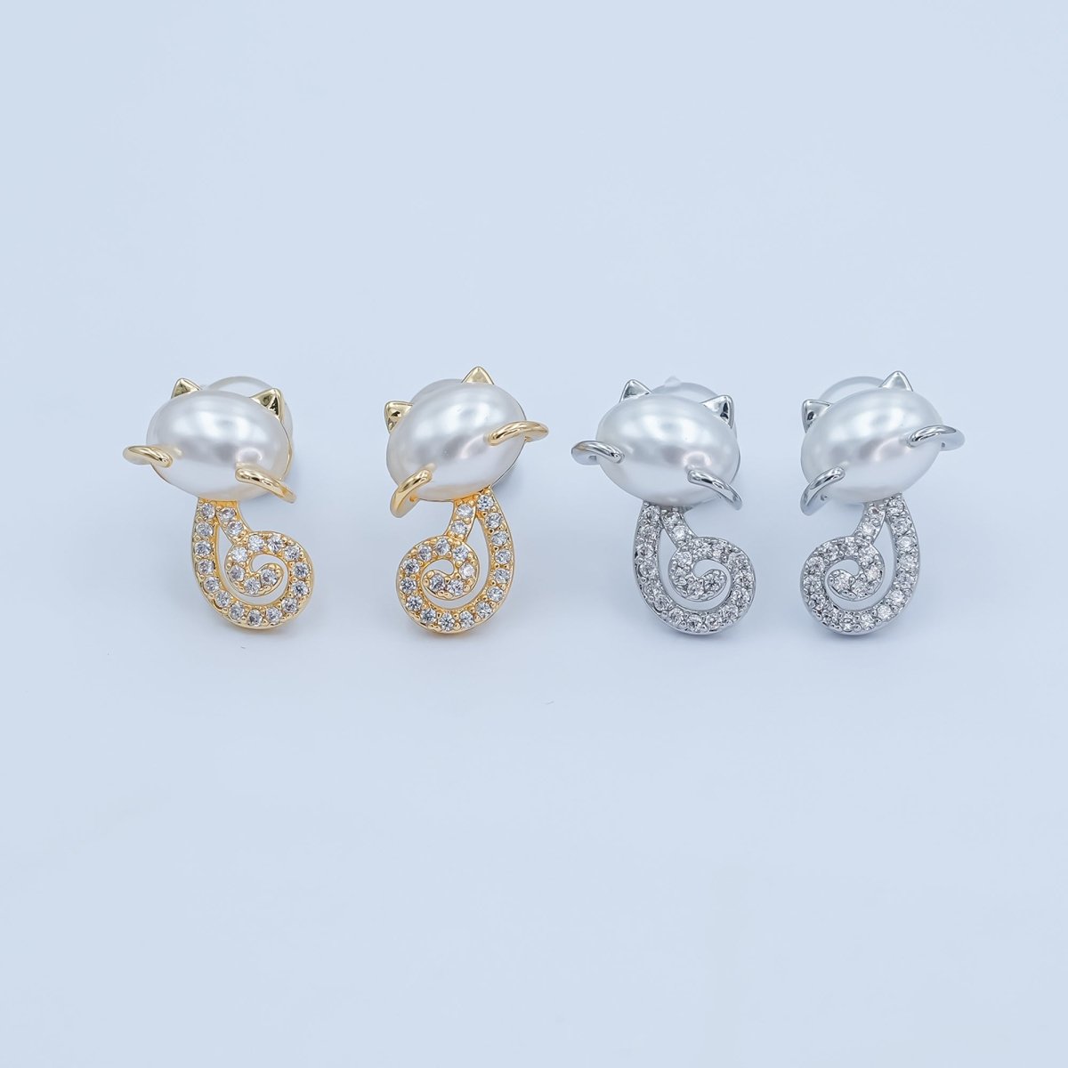 24K Gold Plated Shell Pearl Micro Paved CZ Kitten Cat Stud Earrings in Gold & Silver | AB1085 AB1090 - DLUXCA