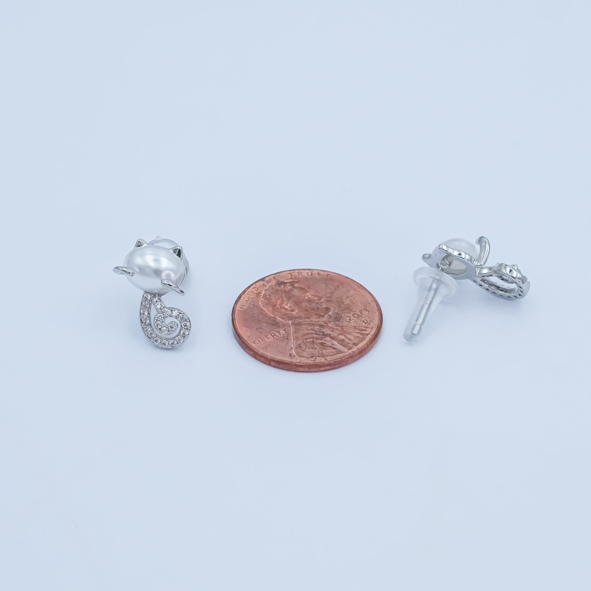 24K Gold Plated Shell Pearl Micro Paved CZ Kitten Cat Stud Earrings in Gold & Silver | AB1085 AB1090 - DLUXCA