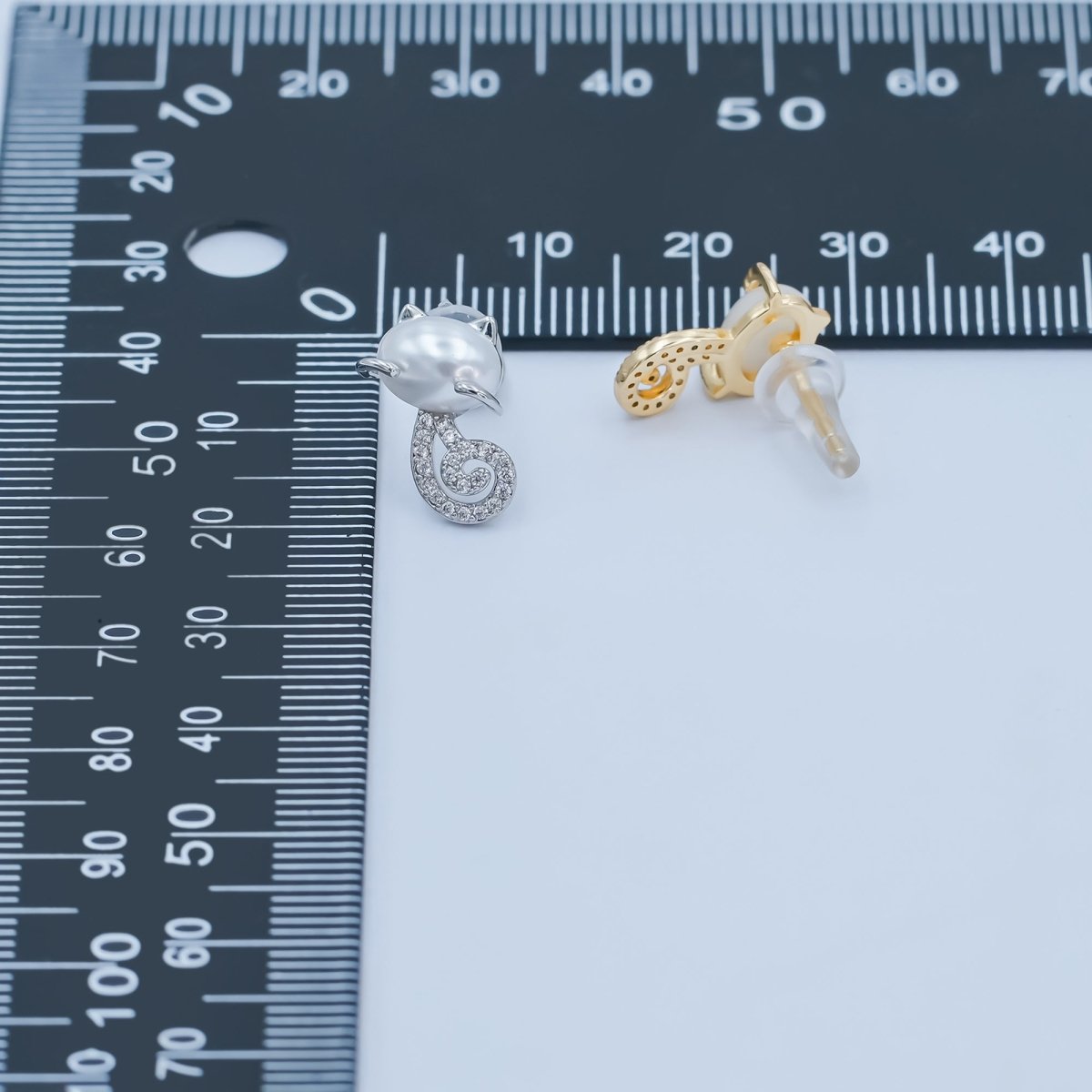 24K Gold Plated Shell Pearl Micro Paved CZ Kitten Cat Stud Earrings in Gold & Silver | AB1085 AB1090 - DLUXCA