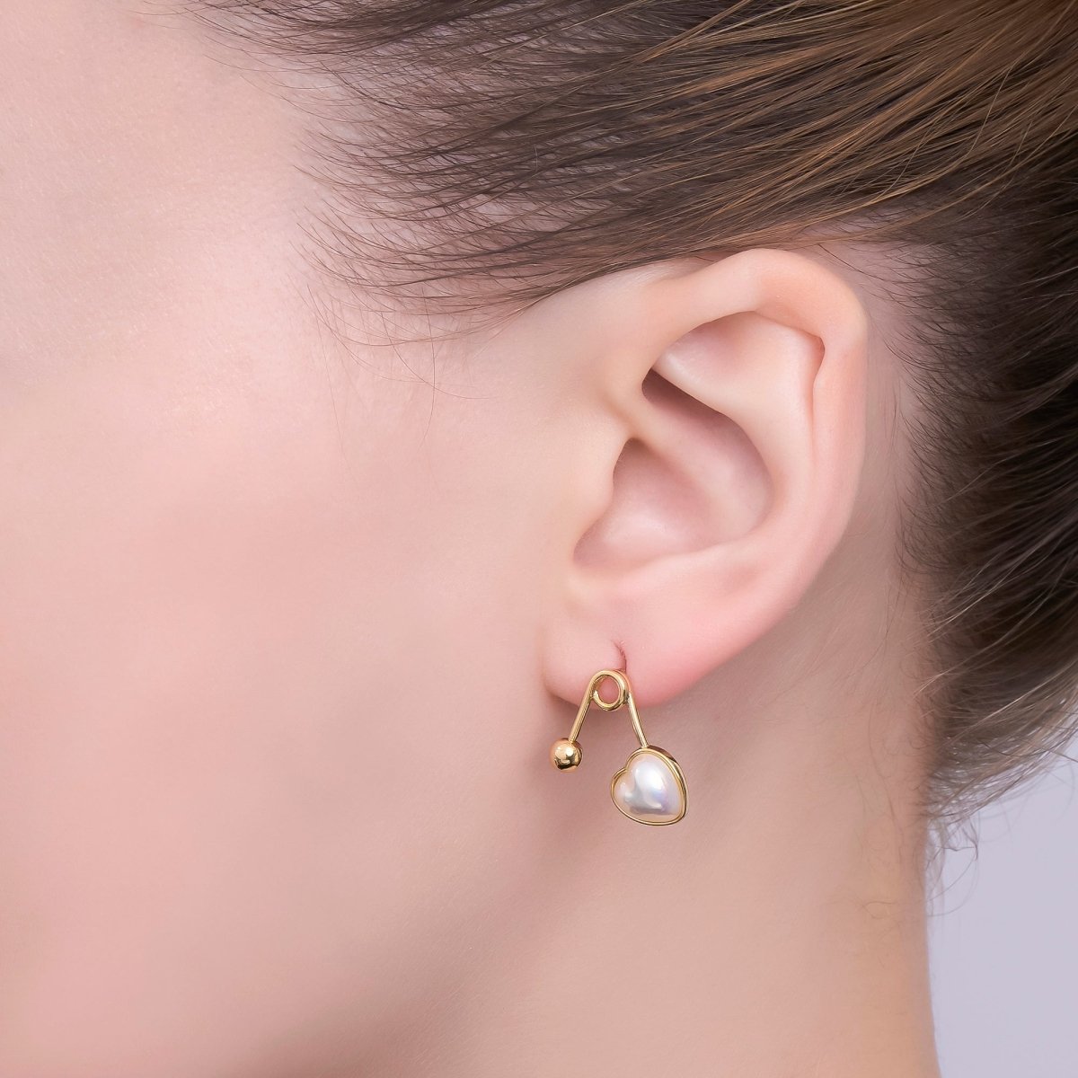 24K Gold Plated White Shell Pearl Heart Safety Pin Earrings Set in Gold & Silver | AB565 AB591 - DLUXCA